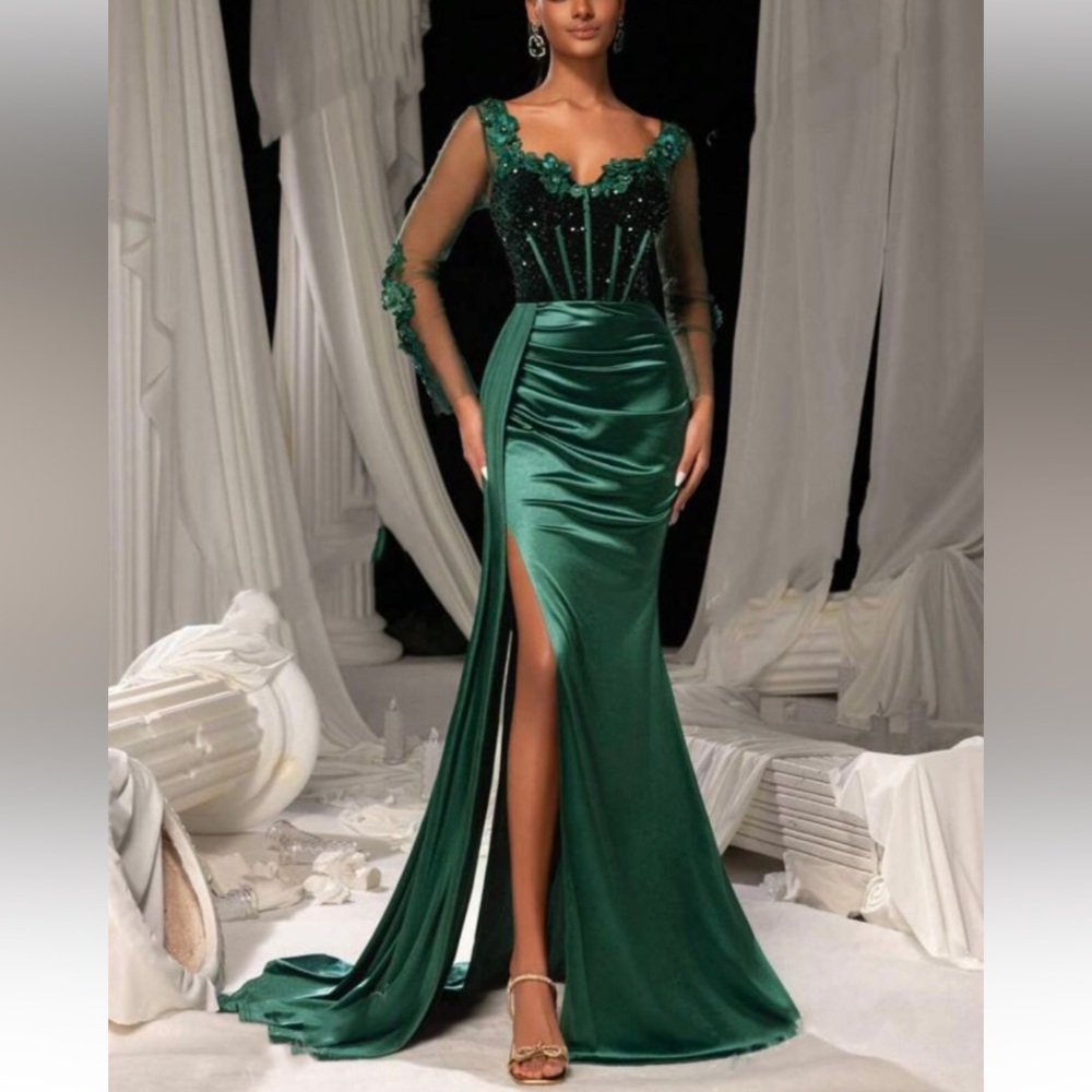 Luxe sweetheart neck appliqués slit thigh party formal evening sequins dress